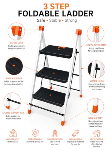 Image of CIPLA PLAST Polo 3 Step Heavy-Duty Foldable Steel Ladder, Non-Slip Steps, for Home, Office, Kitchen & Outdoor Use with Safety Lock, Anti-Slip Steps