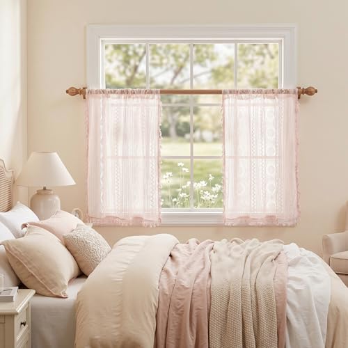 Image of MYSKY HOME Pink Lace Tier Curtains 36 Inch Length 2 Panels Kitchen Cafe Sheer Short Boho Half Country Rod Pocket Curtains for Small Windows Basement Bathroom, 34 inch Wide Each Panel, Light Pink