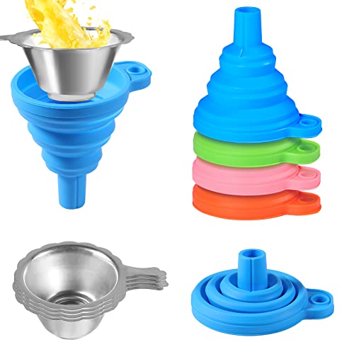 Coliao 8 Pack 3D Printer Accessories Resin Filter Funnel Set 4 Stainless Steel Filter Cups and 4 Collapsible Silicone Funnels for Filling Resin Printer Accessories Back into Bottles