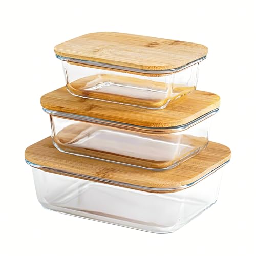 ZOFUN 3 Pcs Glass Container with Bamboo Lids, Small/Middle/Large Airtight Food Storage Containers Leakproof, Eco-friendly Glass Container, BPA Free Fridge Storage Containers for Meal Prep