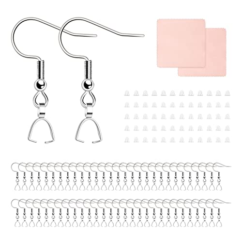 Stainless Steel Hypoallergenic Earring Hooks, 100 Pieces Earring Making Kit, Earring Hooks with Pendant Clasp, Silicone Ear Backs and Polishing Cloth for Earring Making DIY (Silver) (100)