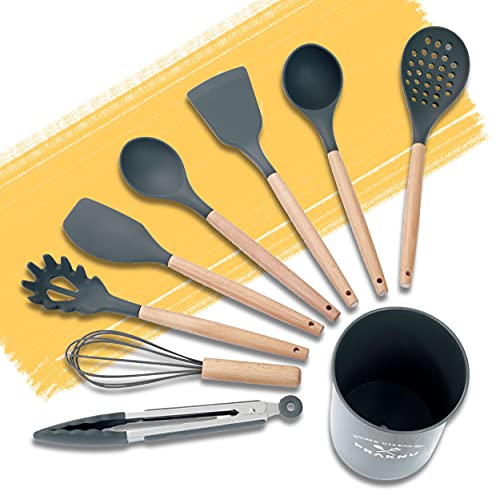 Set-de-8-Utensilios-de-Cocina-de-Silicona-Resistente-al-Calor-Mango-de-Madera-Con-Soporte-Con-Agujeros-para-Colgar