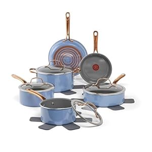T-Fal Preserve Ceramic, Non stick Cookware Set 13-Piece, Oven & Broiler Safe up to 350°F, Includes Stockpot, Saucepans, Frying Pans, Protectors, Pots and Pans, Blue