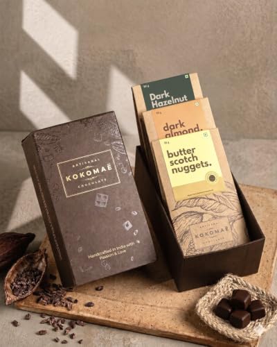 Image of KOKOMAE Chocolate Gift Box | 3 Chocolate Coated Nut Bars - Dark Almond, Dark Hazelnut & Butterscotch Nuggets | Premium Festive Gift Hamper (3 Dragees Gift Box)