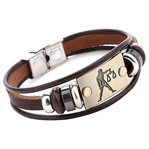 Image of Young & Forever Zodiac Sign Multi-Strand Genuine Leather Bracelet for Men & Boys - Adjustable Tribal Wristband with Antique Metal Charm