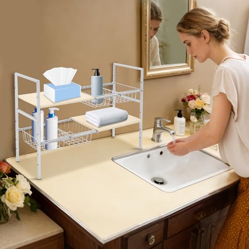 Organizador Bajo Fregadero 2 Niveles Ajustable 20.9-34.6 Pulgadas, Estante de Acero Inoxidable con 4 Canastas, Blanco Crema miniatura 7
