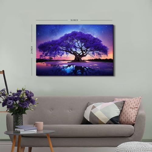 Image of Purple Tree Landscape Wall Art Blue Starry Night Picture Artwork for Living Room Wall Decor Abstract Nature Scenery Canvas Print Painting for Modern Bedroom Bathroom Home Office Decoration 24x36 inch