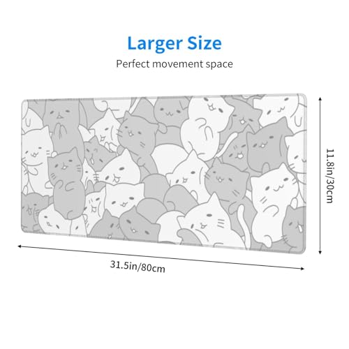 Image of White Kawaii Cats E-Sport Mouse Pad Large Desk Mat Non-Slip Rubber Base Stitched Edge Keyboard Mouse Pad for Office Home E-Sport Computer Laptop, 31.5x11.8 Inches