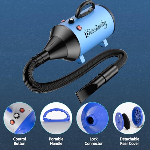 Blanlody Hundefön Blower Sehr Leise 5.2 PS / 3800W Motor Einstellbare Geschwindigkeit, Hundepflege-Trockner-Gebläse mit 4 verschiedenen Düsen elastischem Schlauch (Blue)