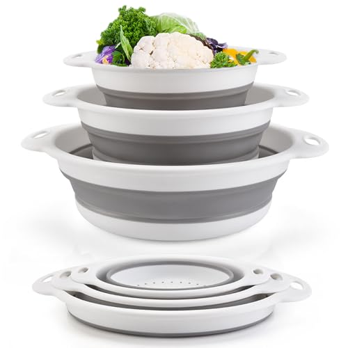 katmerio Set di 3 colino pieghevole in silicone da cucina, pieghevole, scolapasta per pasta, frutta, verdura – bianco