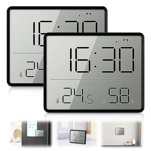 Termoigrometro digitale, 2 pezzi Termoigrometro per interni, LCD piccolo orologio digitale da parete, termometro igrometro digitale, 12/24 ore ℃/℉ con supporto a batteria per casa e ufficio
