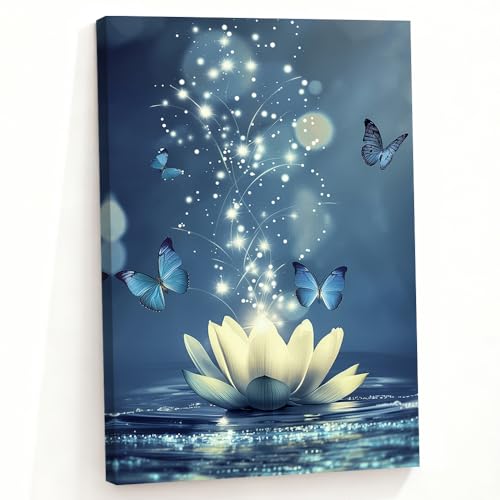 ZQQART Zen Wall Art for Bathroom Lotus Flower Blooming in Water Canvas Painting Art White Water Lily Picture Spa Meditation Prints Art Framed(Blue,12.00" x 18.00")