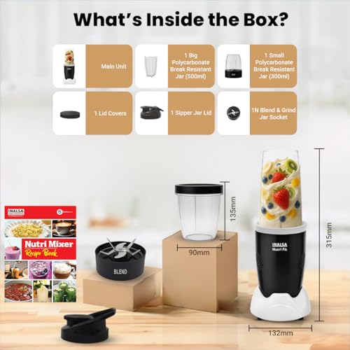 Image of INALSA Blender Mixer Grinder|500W Copper Motor|2 Jars with Travel Lid|3-in-1 Function: Mixing,Blending & Grinding|Blenders for Smoothies,Spices,Chutney,Milk Shakes & Dry Fruit|2 Yr Warranty,Nutri Fit