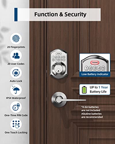 Teeho Te002L Fingerprint Door Lock With 2 Lever Handles, Keyless Entry Deadbolt With Handle Set, Electronic Keypad Deadbolt For Front Door, Auto Lock And 1 Touch Locking, Satin Nickel #TOP4