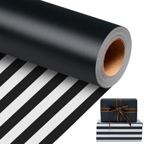 Homeral Black Wrapping Paper Roll - 17 In x 33 Ft Matte Metallic Solid Color & Black and White Stripe Reversible Gift Wrapping Paper for Birthday Christmas Fathers Day Graduation DIY Bouquet