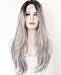 K'ryssma Ombre Gray 2 Tones Synthetic Lace Front Wig Dark Roots Long Natural Straight Silver Grey Replacement Hair Wigs For Women Heat Resistant Fiber Hair Half Hand Tied 22 Inches