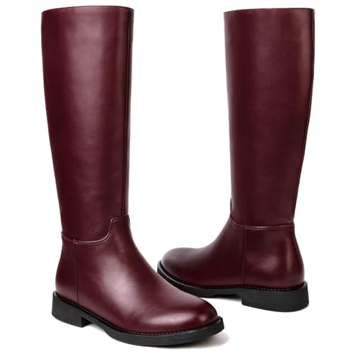 Image of Women's Knee High Boots Flat Round Toe Low Heel Tall Boots Side Zipper Fall Riding Long Boot