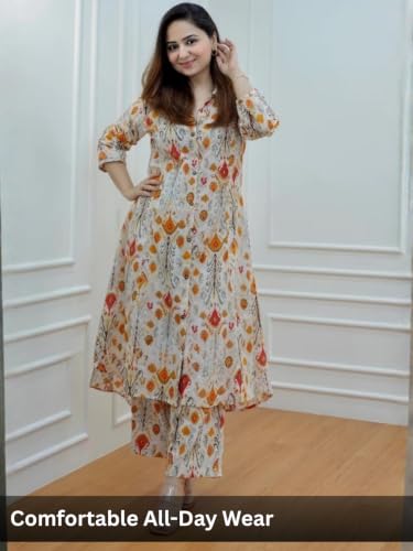 Image of GRECIILOOKS Co ord set for women stylish | Anarkali Kurta-Set - Viscose Printed Kurta & Straight Pant | kurtis| Festive Indian Traditional Outfit Dress for Functions & Puja | Trendy Travel & Streetwear Look for Woman | 3 /4 Half Sleeve
