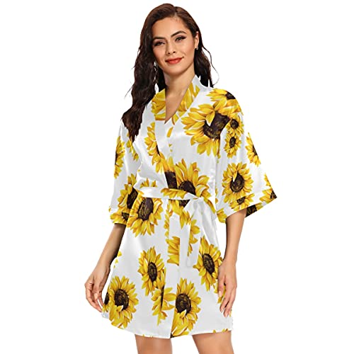 Yellow Sunflowers Women's Short Satin Robes For Wedding Party Bridesmaids #TOP27