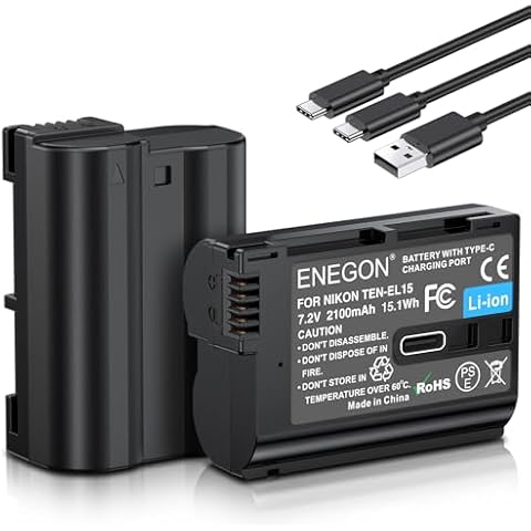 ENEGON EN-EL15C USB C Direct Charging Replacement Batteries 2100mAh (2-Pack) with 2 in 1 USB-C Charging Cable for Nikon D7000，D7100, D7200, D7500, D750, D850, D810, D800, D600, Z5, Z6, Z7 Cover