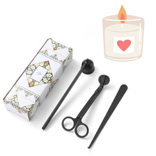 Lot de 3 outils pour bougies – Coupe-mèche en acier inoxydable, éteignoir à bougie et cuillère à mèche – Finition noire pour une combustion sans suie et une extinction sûre – Coffret cadeau idéal pour