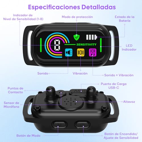 LYtech Collar Antiladridos para Perros, Antiladridos y Antiaullidos para Perros, 4 Modos de Vibración/Sonido, Impermeable IP67, Dispositivo Recargable para Detener los Ladridos Grande Mediano Pequeño