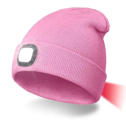 INHDBOX LED Mütze Kappe, Strickmütze mit USB Nachladbare Licht, Beleuchtung und blinkende Warnungs-Arten 8 LED, einfache Installation Vorne Hinten Scheinwerfer-Mütze,...