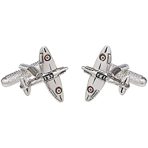 Silver Colour Spitfire War Aircraft Cufflinks - Supplied in Onyx Art Box(Size: One Size) Cover