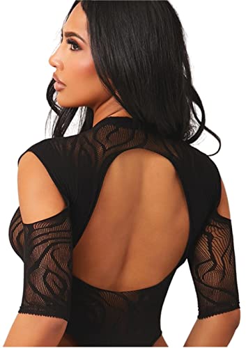 Bommi Fairy Body elástico de media manga para mujer, una pieza, sexy, espalda descubierta, cuello medio, Leotard Clubwear Tops Slim, Negro Cover