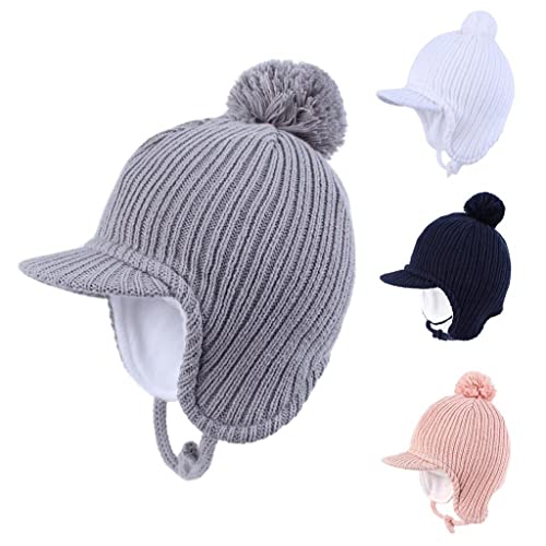 JSEIAJB Baby Toddler Infant Kids Autumn and Winter Visor Knitted Hat Fleece Lined Warm Earflap Beanie Cap for Boys Girls(D,Large)2
