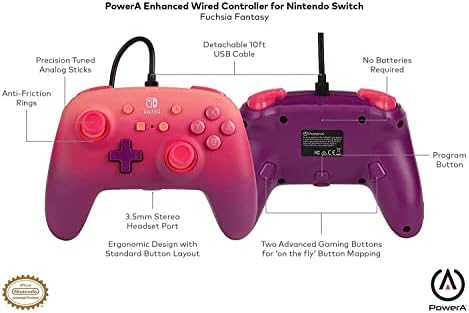 PowerA Enhanced Wired Controller for Nintendo Switch - Fuchsia Fantasy, pink, red, purple, gamepad, wired video game controller, gaming controller