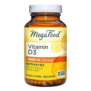 MegaFood Vitamin D3 5000 IU (125 mcg) – Supports Immune and Bone Health with Vitamins D3, K, and K2 – Vegetarian, Gluten-Free – Made Without 9 Food Allergens – 60 Caps