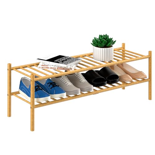 2-Tier Bamboo Long Shoe Rack, Free Standing Wood Shoe Shelf Storage Organizer for Closet Entryway Stackable 35"x11"x13" (Natural)