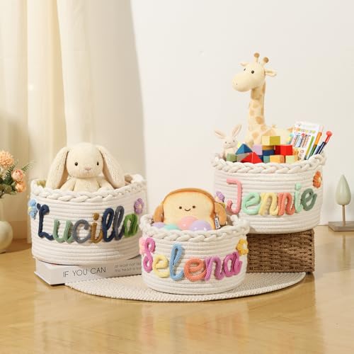 Gaosh Cesta de Almacenaje Tejida Personalizada para Bebés con Nombre Bordado, pequeña y grande ropa cestas organizadoras para Juguetes, Cesta Recién Nacidos Cesta Regalo Bebe (A)