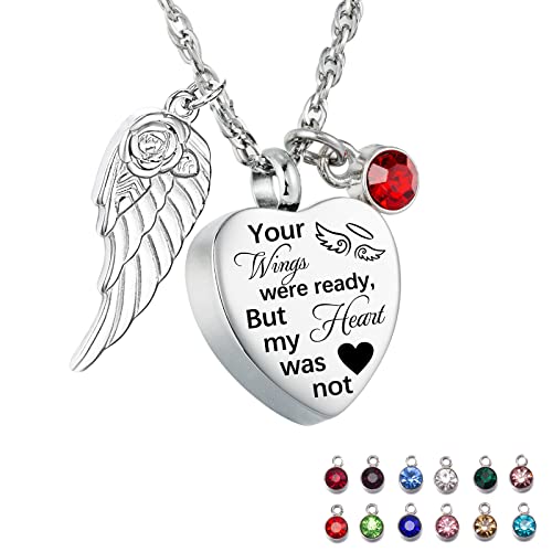 Cremation Jewelry for Ashes Heart Urn Necklace & 12 Birthstones Your Wings were ready my heart was not Crystal Keepsake Jewelry (Your Wings were Ready My Heart was not)