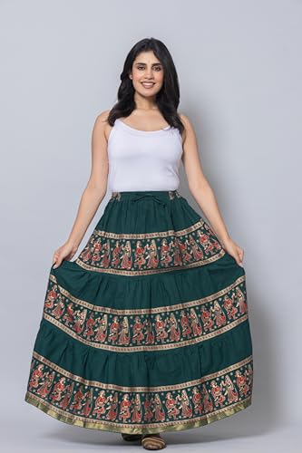 Image of Women's Cotton Printed Long Skirt | Ethnic Folk Print Tiered Maxi Skirt for Women | Elastic Waist Flared Boho Skirt | Traditional Casual for Women