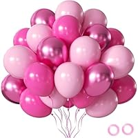 OHugs Pink Balloons - 12 Inch Assorted Party Balloons with Hot, Metallic, and Pink Balloon, Includes Ribbons and Glue Dots for Birthday, Wedding, Gender Reveal, Baby Shower Decorations