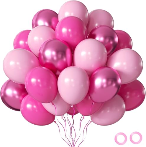 OHugs Pink Balloons - 12 Inch Assorted Party Balloons with Hot Metallic and Pink Balloon Includes Ribbons and Glue Dots for Birthday Wedding Gender Reveal Baby Shower Decorations
