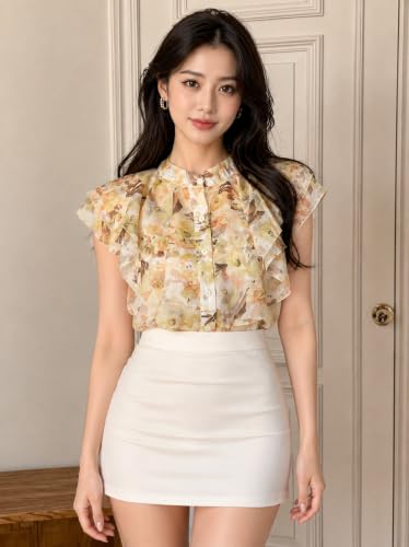 Image of Women's Shirt | Premium Chiffon Allover Print Sleeveless Shirts for Casual & Office Wear | Stylish Summer Button-Down Shirt for Girls & Women