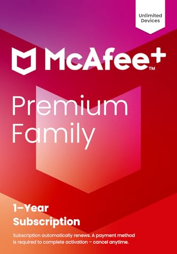 McAfee + Premium Family Unlimited Devices 2025 Abbonamento di 1 anno con rinnovo automatico | Software di sicurezza informatica include antivirus, VPN, monitoraggio dell'identità, protezione delle