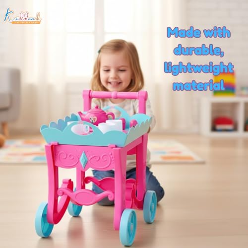 Image of Minnie Tea Trolley Set for Kids - 32 Pcs Pretend Play Tea Party Toy with Electronic Kettle, Lights & Music - Battery Operated Educational Kitchen Set, Pink, Gift for Girls Age 3+