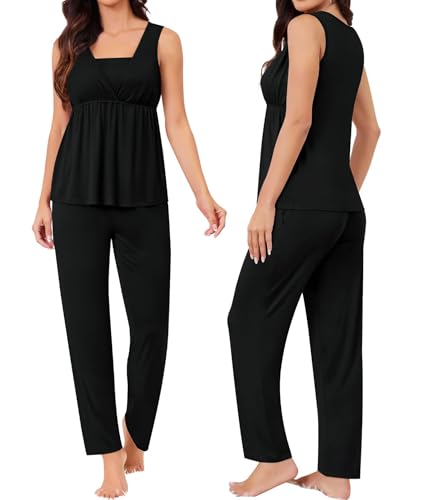 Image of SWOMOG Maternity Nursing Robe Set 3 Piece Breastfeeding Pajamas 3 in 1 Labor Delivery Sleevless Tops&Long Pants Pregnancy Pjs