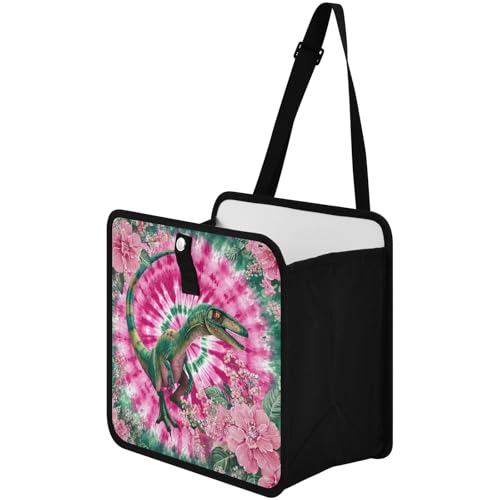 Image of Car Trash Can Organizer Bin with Adjustable Strap for Back Front Seat Console Waterproof Leakproof Collapsible Portable 8.66 Inch Tie Dye Dinosaur Pink Green