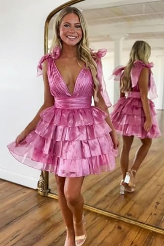 Sparkly Tiered Tulle Homecoming Dresses for Teens 2025 V Neck Prom Short Prom Dress Formal Gown3
