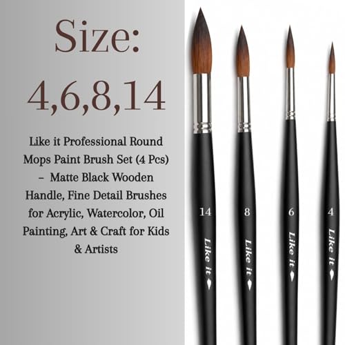 Image of Like it Professional Round Mop Paint Brush Set (4 Pcs-Size 4, 6, 8, 14) - Matte Black Wooden Handle, Fine Detail Brushes for Acrylic, Watercolor&Oil Painting - Art & Craft for Kids, Beginners&Artists