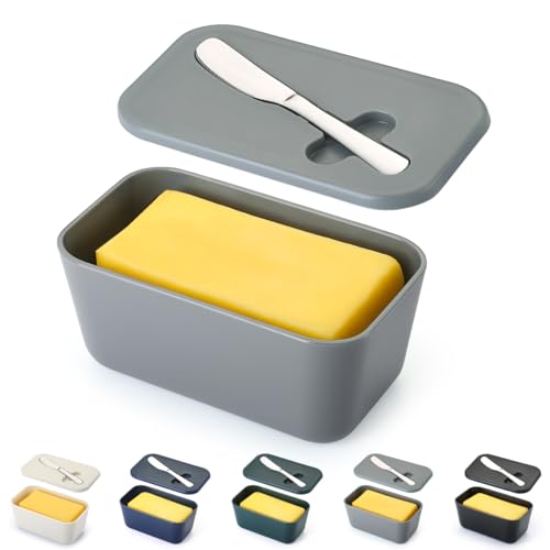 ReaNea Mantequera con tapa para encimera y estante de puerta de refrigerador, contenedor de plástico para mantequilla con cuchillo de mantequilla, fácil de recoger, apto para lavavajillas