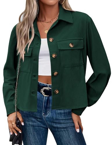 Hotouch Cordjacke Damen Kurze Jacke Button Down Sommer Jacke Hemdjacke Cordhemd Shacket Kurzmantel Grün XXL