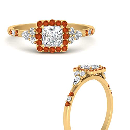 Image of Choose Your Color 14k Yellow Gold Plated Princess Shape Petite Engagement Rings Halo Edwardian Engagement Ring Everyday Wedding Jewelry Handmade Gifts for Wife : US Size 4 to 12