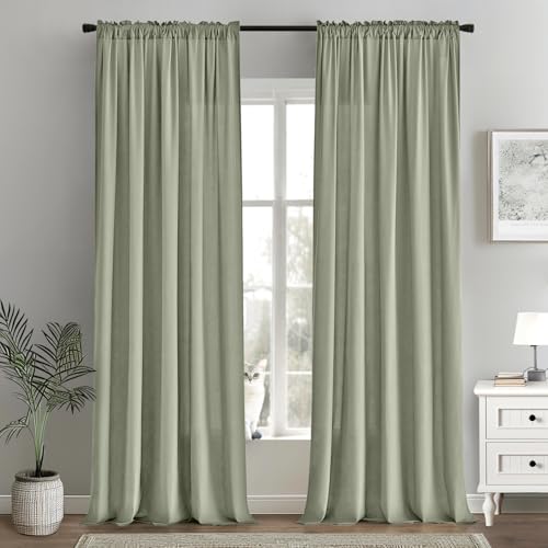 Image of MIULEE Sage Green Semi Sheer Privacy Curtains Drapes 2 Panels 52W x 90L