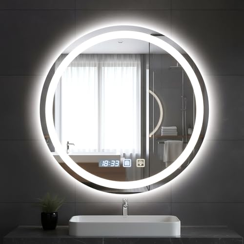 Hondony Specchio da bagno rotondo LED 60 x 60 cm con luce, illuminato, montaggio a parete, anti-appannamento, luce regolabile in 3 colori, specchio anti-appannamento con luci retroilluminate per bagno